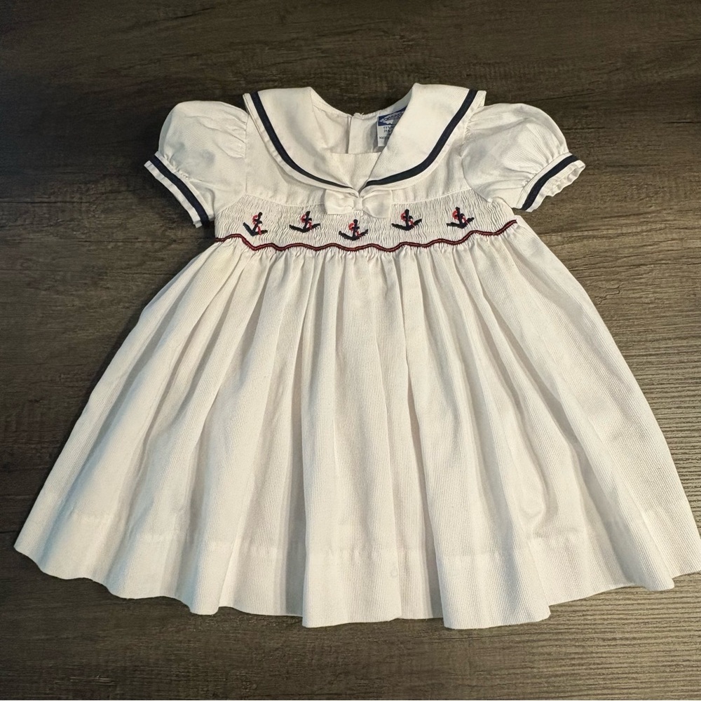 VTG Carriage Boutiques 18 Month White Dress Smocked Nautical Sailor Anchor